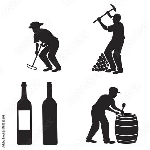Four black silhouette icons of wine making and bottling
