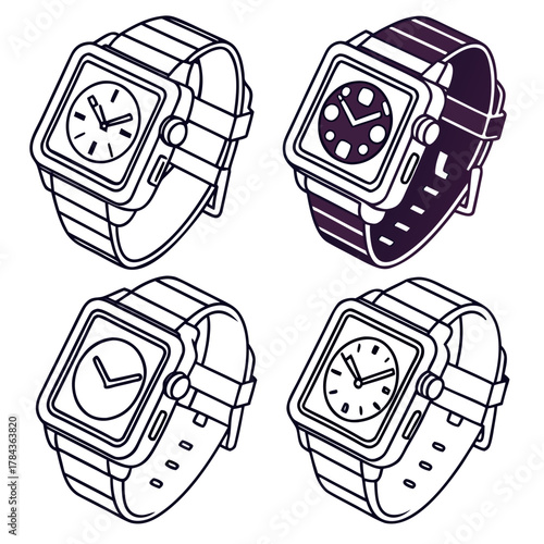 Four isometric digital watch icons with purple accents