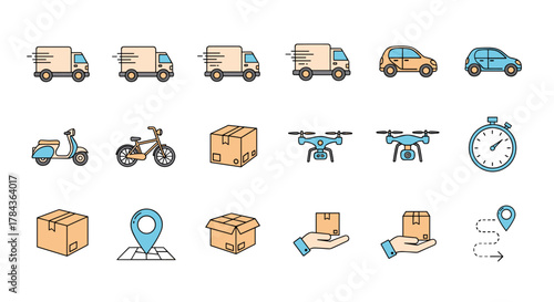 Collection of flat line icons representing various delivery and transportation methods, including trucks, vans, cars, scooters, bicycles, drones, shipping boxes, location pins, and a stopwatch
