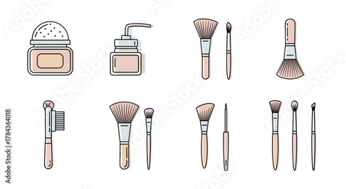 Set of modern outline style icons for cosmetic brushes and makeup products, including powder compact, liquid dispenser, and various brush types, presented as a clean vector cartoon illustration on a