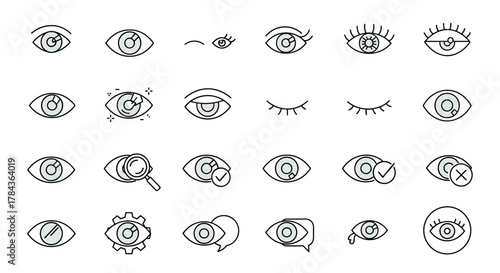 Collection of outline eye icons, representing vision, observation, and various states of sight, suitable for graphic design, web development, app interfaces, and advertising, presented as a clean