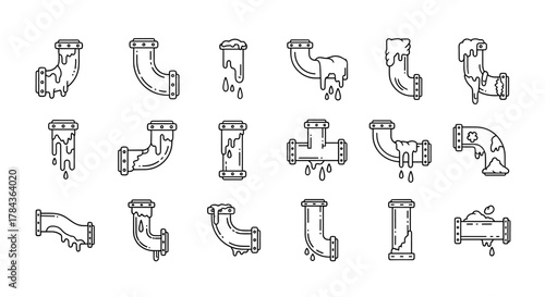 Set of minimalistic thin outline icons representing frozen and leaking pipes, with dripping water and frost effects, suitable for web, graphic design, apps, banners, social networks, and cards