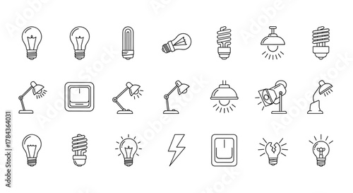 Collection of line art icons representing various lighting elements, including traditional incandescent bulbs, energy-saving fluorescent and LED bulbs, desk lamps, ceiling lights, spotlights, and a