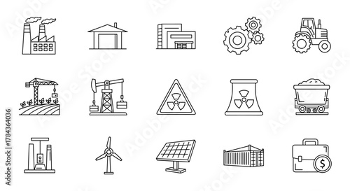 A comprehensive collection of industry-themed line icons, featuring essential elements like factories, warehouses, gears, agricultural symbols, oil pumps, nuclear power, wind turbines, solar panels
