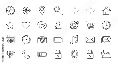 A comprehensive collection of linear-style navigation icons, presented on a clean white background, featuring essential symbols for user interface design, including compass, map pin, search, arrows