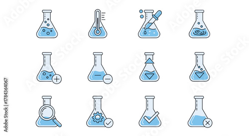 Pack of light blue, minimalistic, linear pictograms representing laboratory flasks with various scientific symbols and elements, ideal for web, graphic design, apps, banners, social networks, and