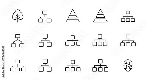 Collection of simple linear hierarchy and organizational chart icons, including a tree diagram, pyramid structures, and various flowchart arrangements, presented in a clean outline style suitable for
