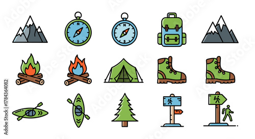 Vibrant cartoon illustration of a mountain adventure logo design, featuring an ordered set of icons including mountains, compasses, backpacks, campfires, tents, hiking boots, kayaks, pine trees, and