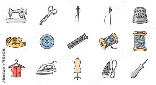 A vibrant and comprehensive set of 12 cartoon-style sewing and garment icons, presented on a clean white background, perfect for design projects, apps, and social networks, featuring a sewing