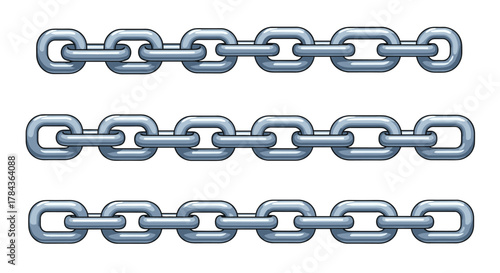 Seamless Glossy Metal Chains Vector Illustration: A Set of Three Realistic, Ordered Lines of Interlocking Links on a White Background, Perfect for Industrial or Design Applications, Cartoon Style