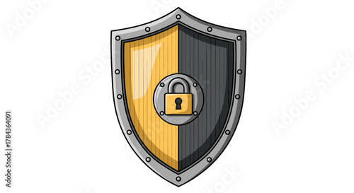 A stylized, cartoon-style vector illustration of a shield divided into yellow and dark gray halves, featuring a prominent golden padlock in the center, symbolizing security, protection, and safety