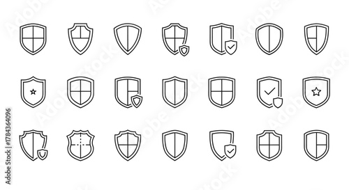 Collection of minimalistic thin line icons representing shields, symbolizing protection, security, and defense. These versatile vector graphics are ideal for web design, app interfaces, social media