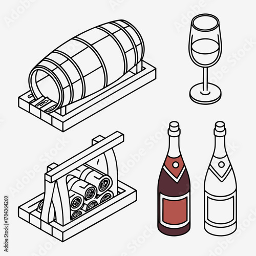 Isometric wine barrel glass bottles rack wine glass