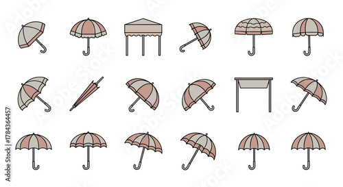 Collection of simple, isolated line icons featuring parasols, sunshades, and umbrellas in various open and closed positions, perfect for web, books, cards, and apps, with editable strokes for design