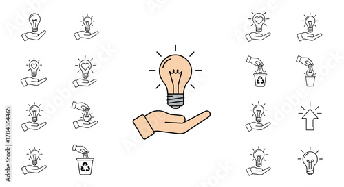 Collection of light bulb icons held in hands, symbolizing ideas, innovation, and creativity, with a central illustration of a glowing light bulb on an open palm, perfect for web, apps, and