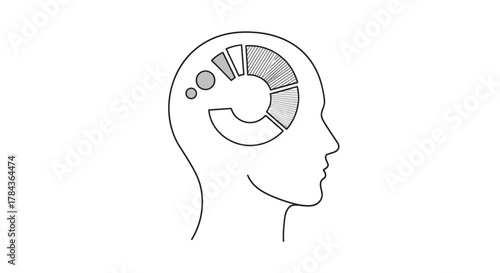 Conceptual illustration of a human head profile with a pie chart and circles inside, symbolizing data analysis, thought processes, or cognitive functions, rendered in a clean, minimalist line art