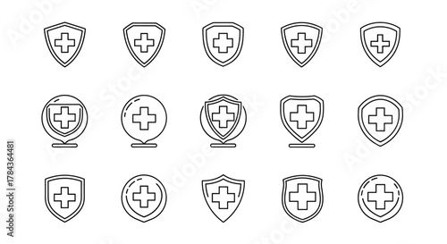 Set of outline icons featuring a medical cross inside a shield or bubble shape, symbolizing healthcare, protection, and safety. These versatile linear graphics are perfect for web design, app