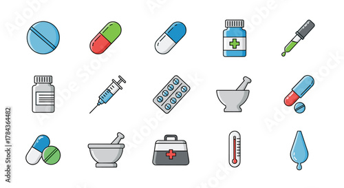 Vivid Collection of Thin Medical Icons: Pills, Capsules, Syringe, Dropper, Mortar and Pestle, Thermometer, First Aid Kit, and Pill Blister Pack. Perfect for Web, Apps, Books, and Cards. Editable