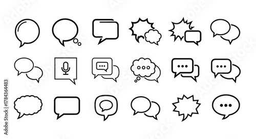 Collection of diverse speech bubble and dialogue icons, perfect for UI design, placards, books, and apps. Features editable stroke for web, cards, and digital applications, representing communication
