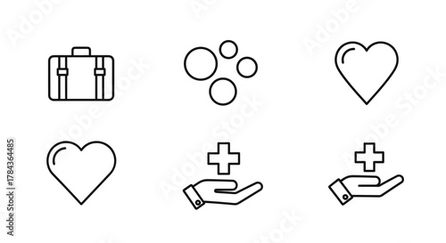 Set of six minimalist line art icons representing healthcare and business concepts: a suitcase, a cluster of circles, a heart symbol, and a hand holding a medical cross, presented on a white