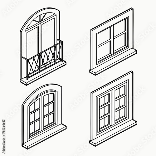 Four different window outline icons isometric view