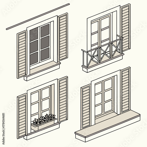 Four isometric window icons with shutters and balcony
