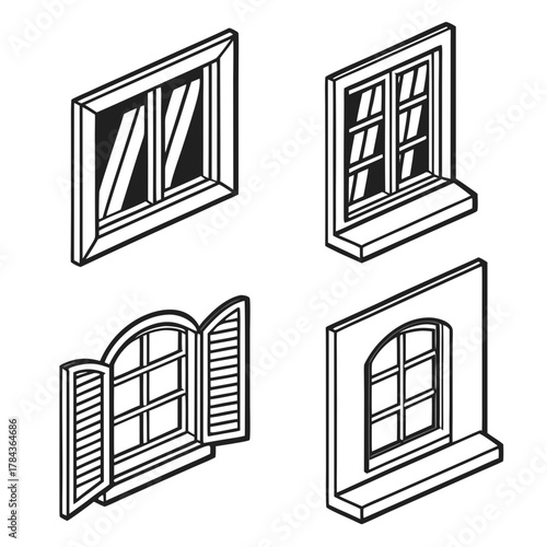 Four isometric window illustrations black outline black and white