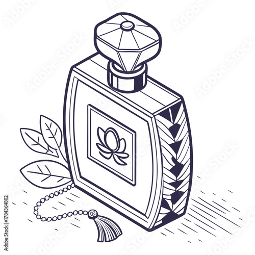 Isometric perfume bottle with floral emblem and tassel