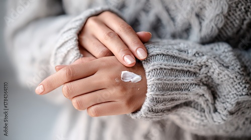 Close-up of a woman applying hydrating cream on her hand in winter, moisturizing dry skin, showing skin care, hand protection, hydration, smooth texture, beauty, wellness, and healthy routine