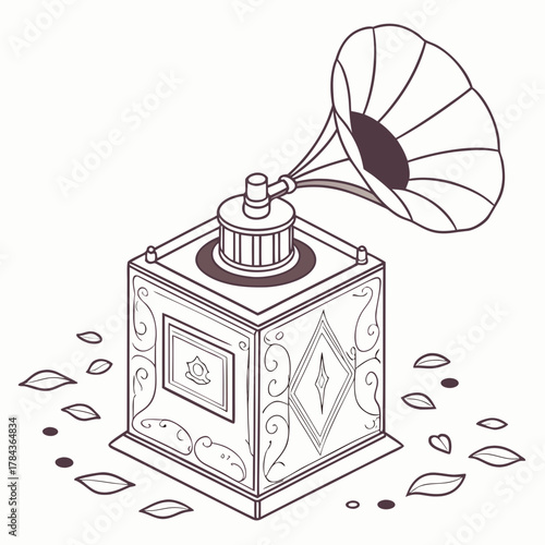 Isometric vintage gramophone vector icon with decorative elements