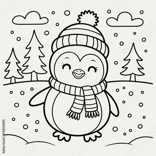 Cute penguin ice skating coloring page in outline style, perfect for Christmas and winter holiday illustrations, kids’ activity sheets, printable coloring books, and festive art projects