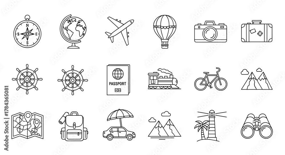 Naklejka premium A comprehensive collection of travel and journey-related line icons, featuring a compass, globe, airplane, hot air balloon, camera, suitcase, ship wheels, passport, train, bicycle, mountains, map