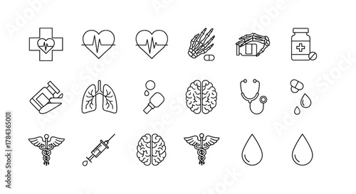 A comprehensive collection of minimalistic linear medical icons, featuring a cross with a heart, electrocardiogram heartbeats, skeletal hand and bones, medicine bottle, lungs, syringe, brain