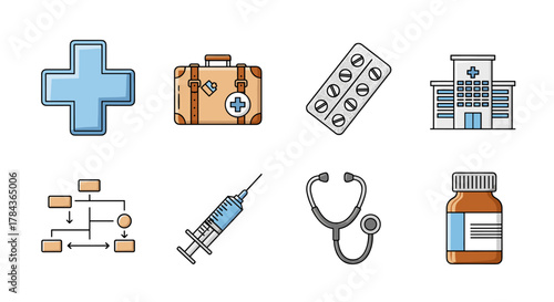 Collection of medical icons including a blue cross, a vintage suitcase with medical symbols, a blister pack of pills, a hospital building, a flowchart, a syringe, a stethoscope, and a medicine