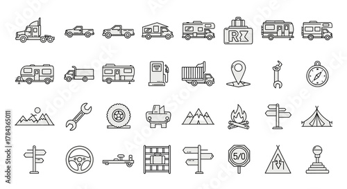 Collection of motorhome and truck related line icons, featuring RVs, campers, semi-trucks, pickup trucks, and essential travel symbols like compasses, wrenches, campfires, and tents, perfect for