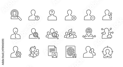 Collection of line icons representing various aspects of people and user management, including search, information, addition, deletion, settings, location, networking, and identification, presented