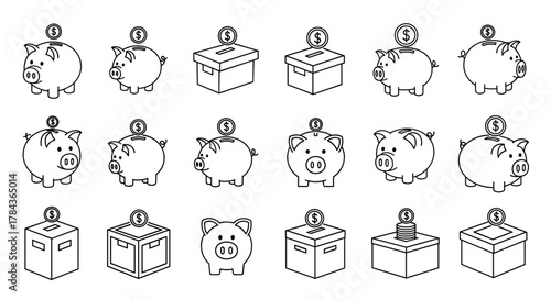 Collection of outline icons representing piggy banks and money boxes with dollar coins, perfect for infographics, articles, books, flyers, and banners, offering a clean and editable stroke vector