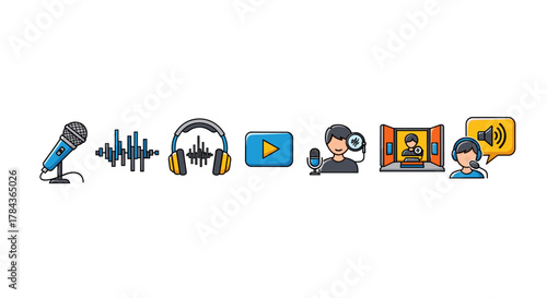 Vector cartoon illustration of a set of icons related to podcasting and audio recording, including a microphone, sound waves, headphones, a play button, a person speaking into a microphone, a