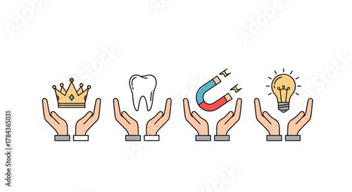 Set of four outline icons presented between cupped hands: a golden crown with jewels, a white tooth, a red and blue horseshoe magnet, and a glowing yellow lightbulb, symbolizing charity, gifts, and