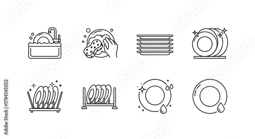 Set of eight thin line icons representing various aspects of dishwashing and clean plates, including a sink with running water, a hand washing a plate with a sponge, a stack of clean plates, plates