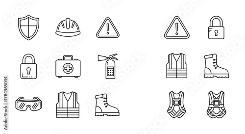 Comprehensive set of editable line icons representing protection and safety equipment, including a shield, hard hat, warning signs, locks, first aid kit, fire extinguisher, safety vest, work boots
