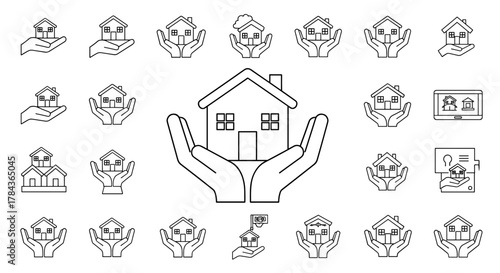 Collection of outline icons representing houses held in open hands, symbolizing protection, security, and real estate services. Includes variations like houses with clouds, on a tablet, and with a