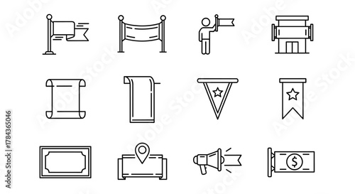 Set of street banner and flag-related line icons, including a waving flag, a banner on a stand, a person holding a flag, a building with a banner, a scroll, a rolled-up banner, a pennant with a star