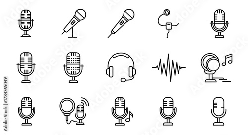 Set of Microphone Related Line Icons: A Comprehensive Collection of Outline Signs for Graphic and Web Design, Apps, Advertisements, and Various Cards, Featuring a Vector Cartoon Illustration with a