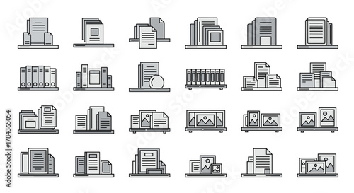 Collection of shelved documents, files, folders, and picture frames, presented as a vector cartoon illustration with editable stroke, ideal for infographics, articles, books, flyers, and banners