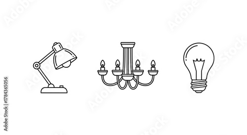 Set of minimalist line icons representing different types of lighting: a modern desk lamp, a classic chandelier with candles, and a traditional incandescent light bulb. These clean, linear pictograms