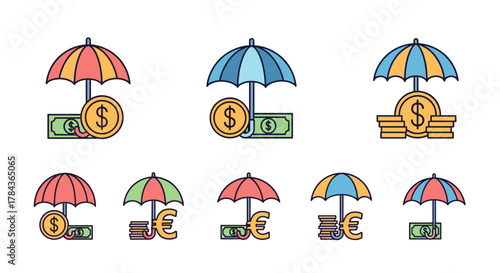 Collection of flat design icons representing financial security and protection, featuring umbrellas shielding dollar and euro symbols, coins, and banknotes against a clean white background, perfect