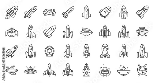 Collection of outline spaceship icons, perfect for infographics, articles, books, flyers, and banners, featuring a variety of spacecraft designs including rockets, UFOs, and futuristic vehicles, all