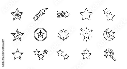 Collection of star-related line icons with editable strokes, perfect for infographics, articles, books, flyers, and banners. This vector cartoon illustration features various star shapes, including