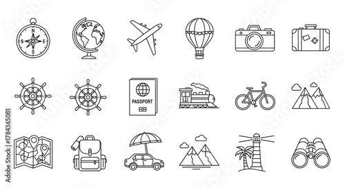 A comprehensive collection of travel and journey-related line icons, featuring a compass, globe, airplane, hot air balloon, camera, suitcase, ship wheels, passport, train, bicycle, mountains, map